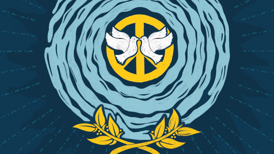 several circles made of waves of water and in the center a peace sign and two doves