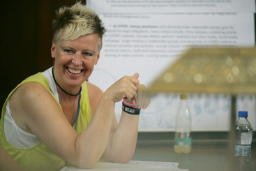 a woman sitting on a table