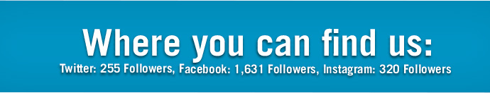 Image text: Where you can find us: Twitter: 255 Followers, Facebook: 1 ,631 Followers, Instagram: 320 Followers