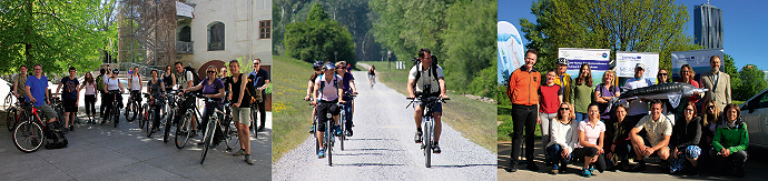 a group of people riding on the back of a bicycle