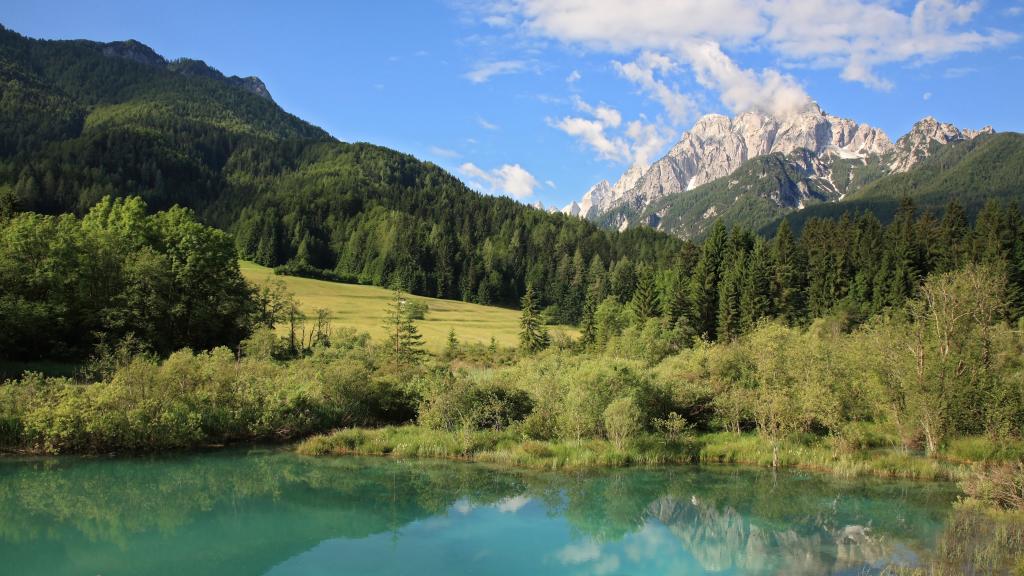 View of a body of water with woods and mountains in the background