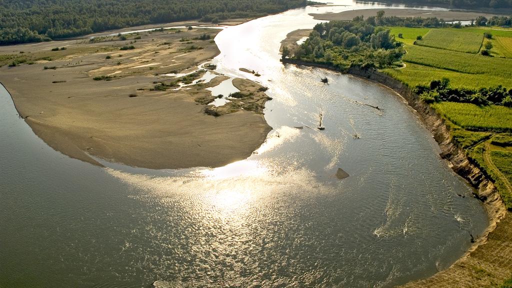 Aeral view of the confluence of the Drina and Sava Rivers  