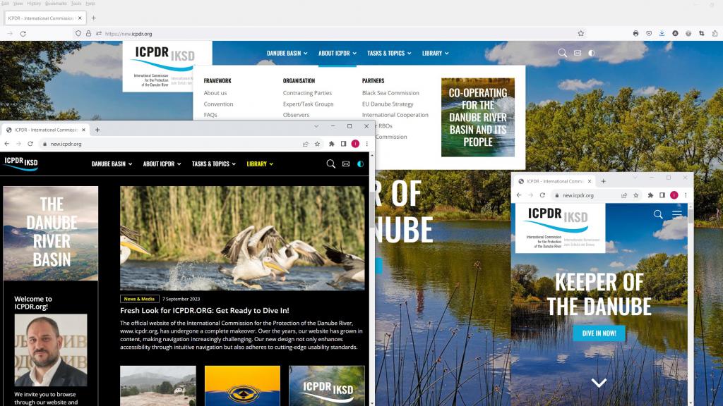 Collage of the new ICPDR.org website on large and small screen and high-contrast mode