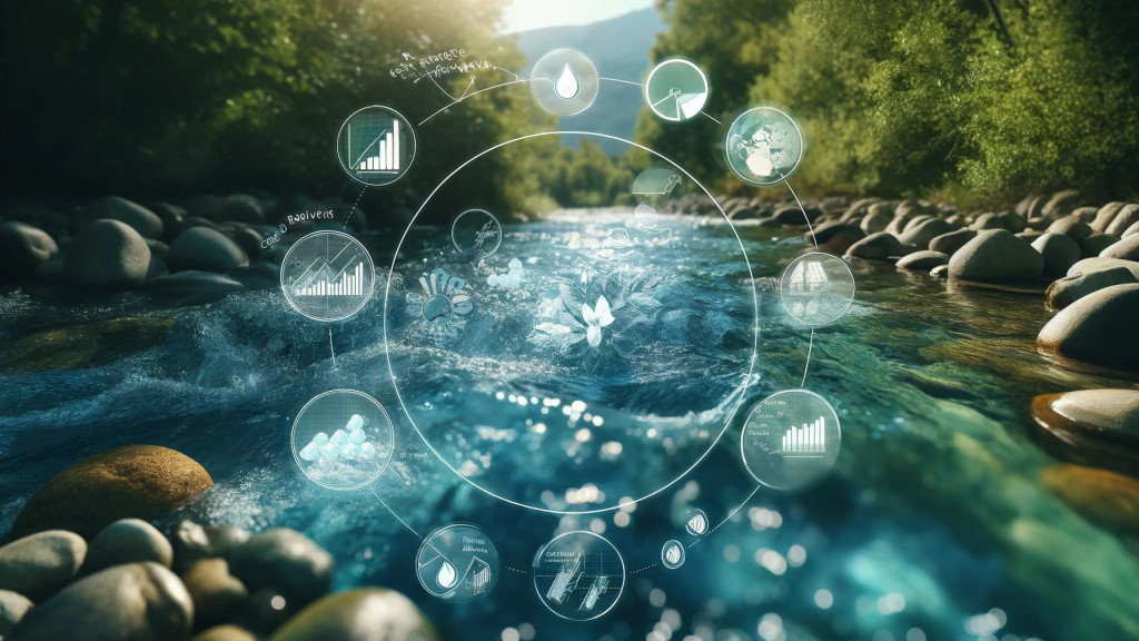 A small river with large stones and woods on the banks, in the middle are several round icons forming a cirlcle
