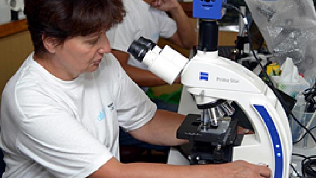 Woman using microscope 