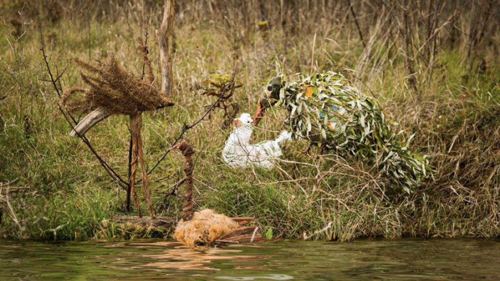 Three bird sculptures made from sticks and leaves 