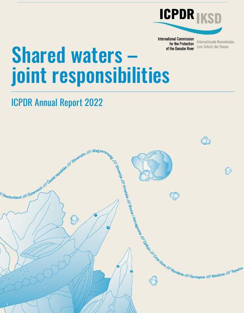 © ICPDR Text in blue letters and images of a sturgeon looking at a line and bubbles