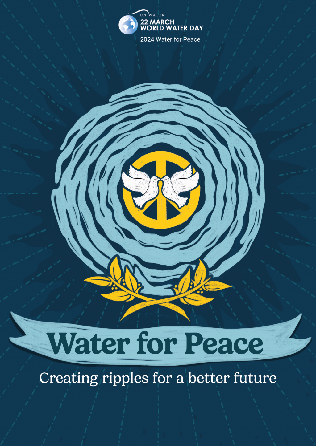 several circles made of waves of water and in the center a peace sign and two doves