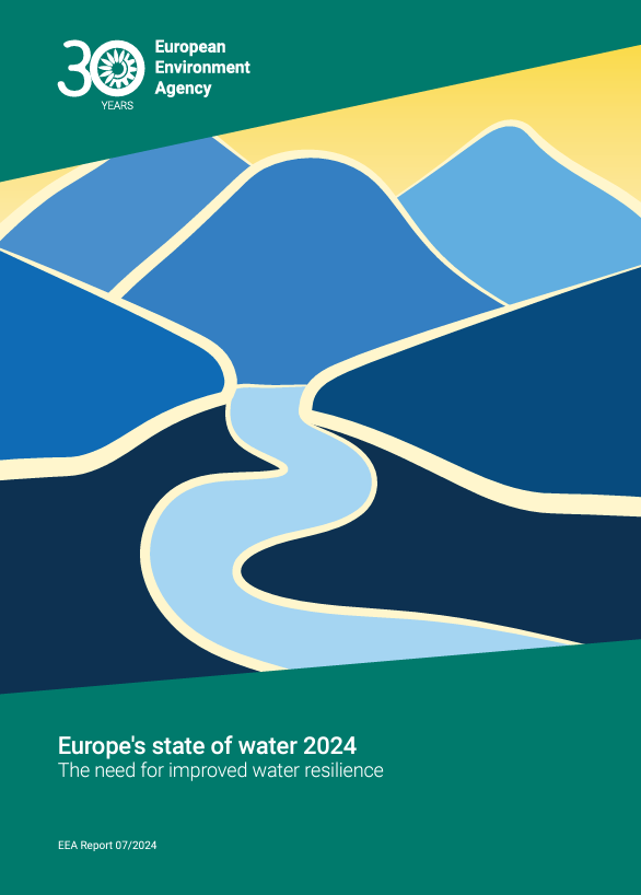 © European Environment Agency (EEA) Drawn image of mountains in blue against a yellow background and in the front a river, with the name of the publication at the bottom left and a logo on the top left