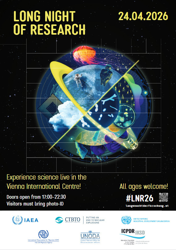 Poster advertising the Long Night of Research 2026, a text in yellow letters on a back background with a globe in the middle and the date: 24004.2026 on the right 