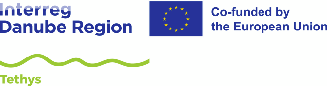 A logo with a green wave above which is written: Interreg Danube Region and below Tethys, with an EU floafg on the right side