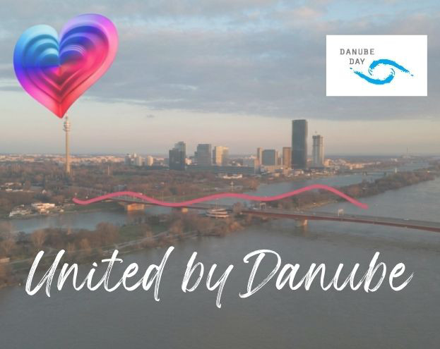 Image of the danube with the text: United by Danube and the Danube Day logo