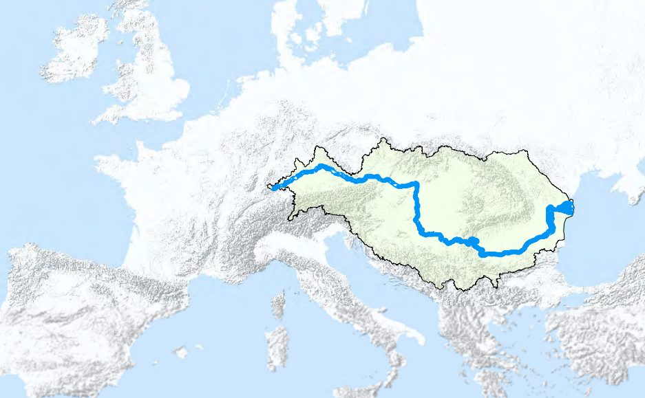 Map of Europe showing the location of the Danube River Basin
