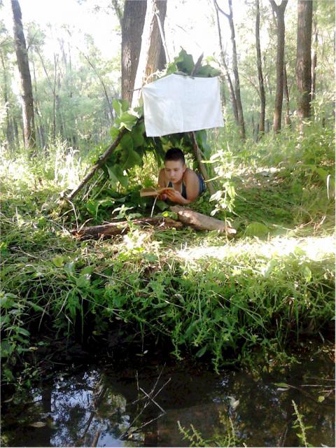 a person sitting in a forest