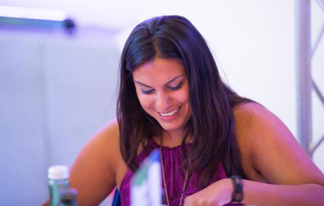 a woman in a blue shirt