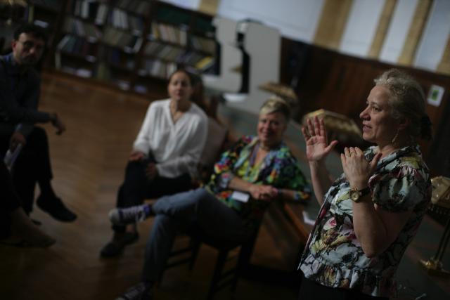 a group of people in a room