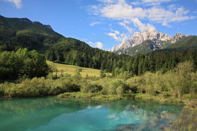 View of a body of water with woods and mountains in the background