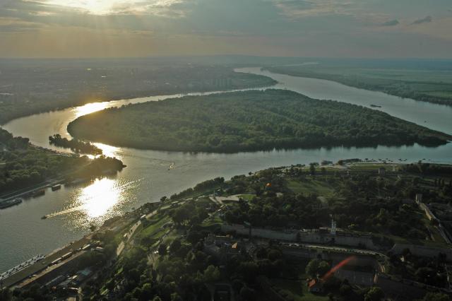 Aerial view of Mouth of the Sava River in Belgrade 