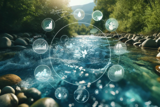 A small river with large stones and woods on the banks, in the middle are several round icons forming a cirlcle