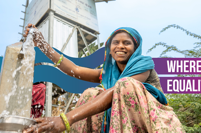 A smiling woman operates a hand pump, collecting clean water outdoors. Text overlay reads: “World Water Day 2026 – Water and gender” and “Where water flows, equality grows.”