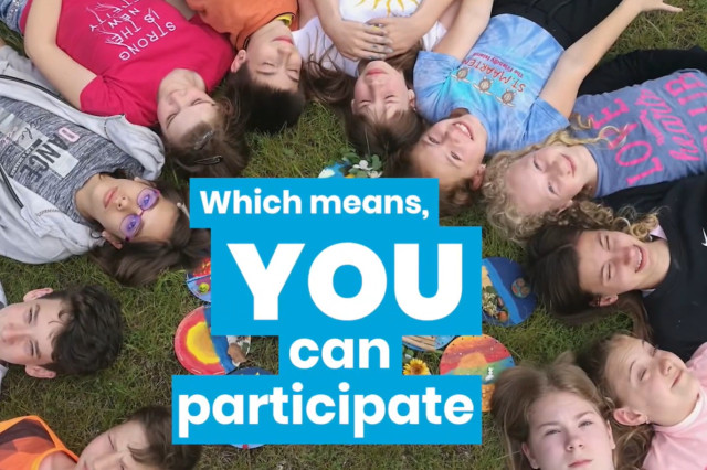 Image of teens laying on the grass, with a text that says: 'which means you can particpate'