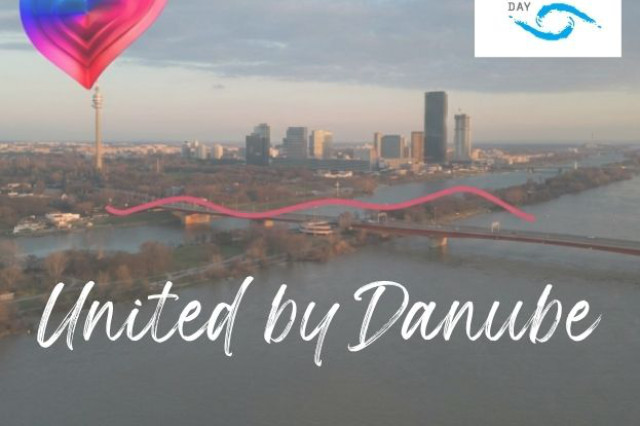 Image of the danube with the text: United by Danube and the Danube Day logo