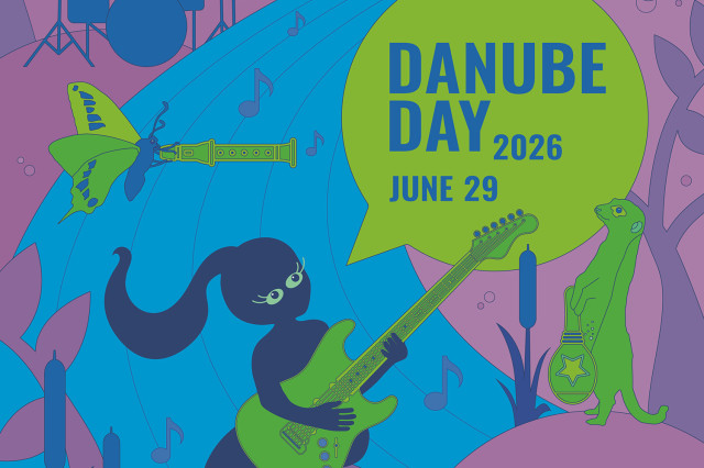 A purple poster with the text 'United by Danube' on top, a mermaid drawn on it, playing the guitar.