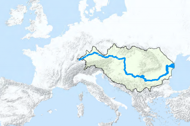 Map of Europe showing the location of the Danube River Basin