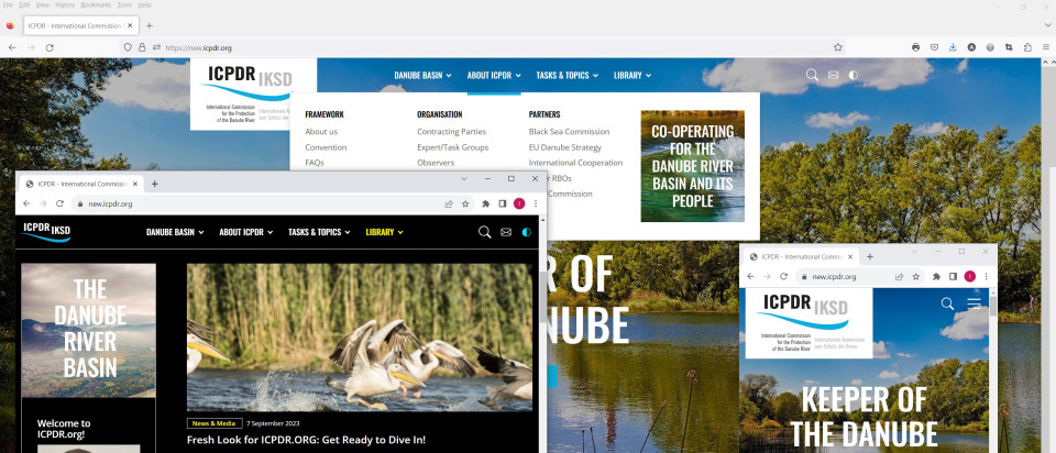 Collage of the new ICPDR.org website on large and small screen and high-contrast mode