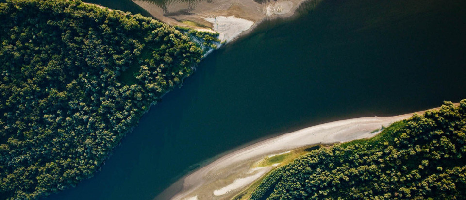 Aerial view showing the river and between it two wild islands 