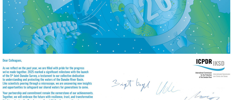 ICPDR holiday card with a blue winter-themed illustration and a message celebrating JDS5 and wishing a happy 2026.