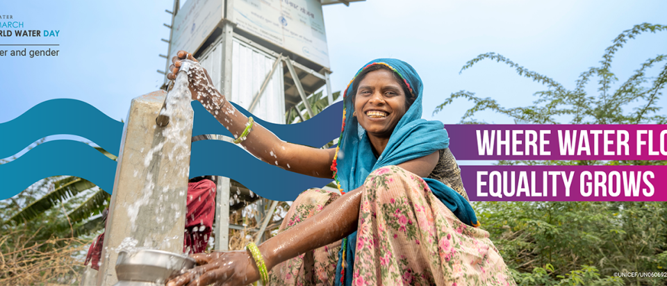 A smiling woman operates a hand pump, collecting clean water outdoors. Text overlay reads: “World Water Day 2026 – Water and gender” and “Where water flows, equality grows.”