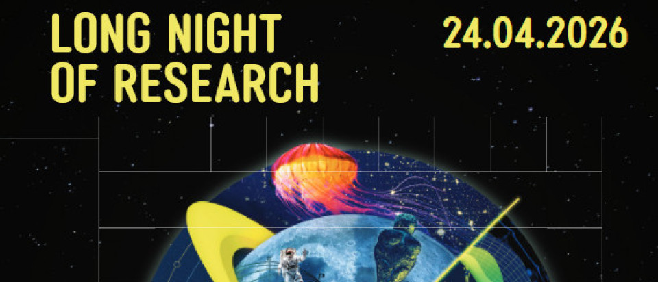 Poster advertising the Long Night of Research 2026, a text in yellow letters on a back background with a globe in the middle and the date: 24004.2026 on the right 
